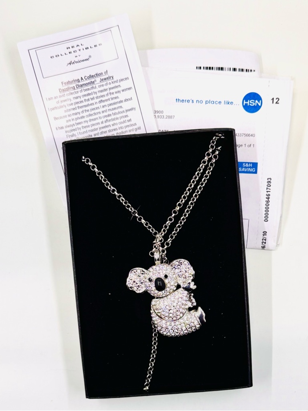 Adrienne HSN Dazzling Diomonite Silver Articulated Koala Bear Pendant Necklace